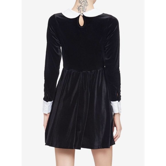 Black Velvet large White Collar Mini Dress Goth Punk Wednesday Addams halloween - Picture 6 of 7